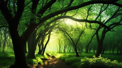 Wall Mural - Nature green wood backdrops with bright sunshine in the springtime forest Generative AI