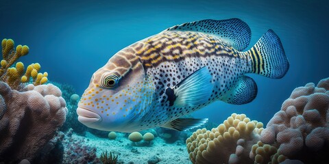 Poster - Spotted sweetlips are bottom and reef dwellers. Generative AI