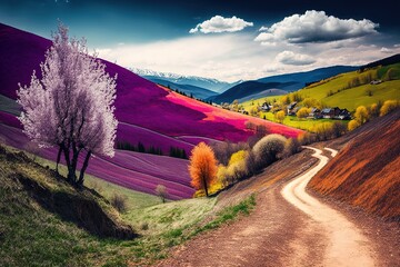 Wall Mural - Scenery from the Carpathian Mountains in the spring, with a colorful diagonal Generative AI