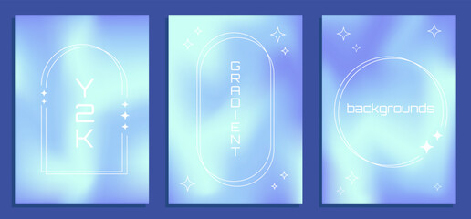 Poster - Y2k three vector blue gradient backgrounds with white frames with stars, retro collection graphic design elements.