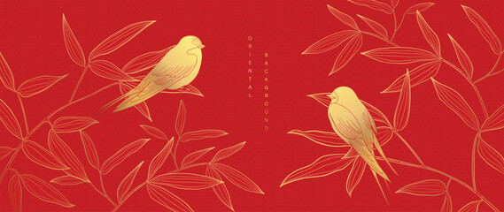 luxury oriental japanese pattern background vector. elegant swallow bird and bamboo leaf branch gold