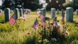 © GustavsMD - Close-up of American Flags and Flowers Among Mowed Grass in a Military Cemetery. Memorial Day and Veterans Day Banner format. Generative AI