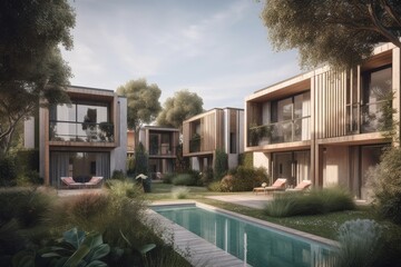 residential townhouse architecture with lanscape design, ai generative