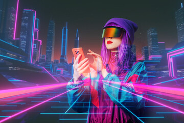 Concept of stylish woman in VR glasses with smartphone and future interface on dark background