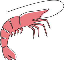 Poster - Single continuous line drawing of big shrimp for healthy seafood logo identity. Prawn mascot concept for farming cultivation icon. One line draw design vector graphic illustration