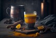 Cup of healthy turmeric drink on grey wooden background. Generative AI