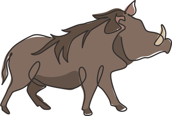 Poster - Single continuous line drawing of wild common warthog for company logo identity. Saharan Africa pig mascot concept for national conservation park icon. Modern one line draw design vector illustration