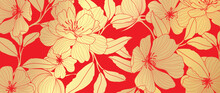 Luxury Oriental Flower Background Vector. Elegant Wildflowers And Leaves Golden Line Art On Red Background. Floral Pattern Design Illustration For Decoration, Wallpaper, Poster, Banner, Card.