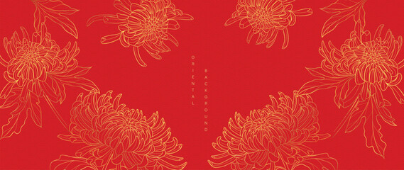 Luxury oriental japanese pattern background vector. Elegant mum flower and leaves golden line art on red background. Floral pattern design illustration for decoration, wallpaper, poster, banner, card.
