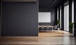 © Lucky Ai - Blank black partition with place for advertising poster or logo in modern interior design spacious office hall with conference table, wooden floor and dark wall background Mock up, AI generative