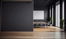 Blank Black Partition With Place For Advertising Poster Or Logo In Modern Interior Design Spacious Office Hall With Conference Table, Wooden Floor And Dark Wall Background Mock Up, AI Generative