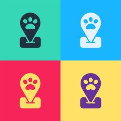 Sticker - Pop art Location pet grooming icon isolated on color background. Pet hair salon. Barber shop for dogs and cats. Vector