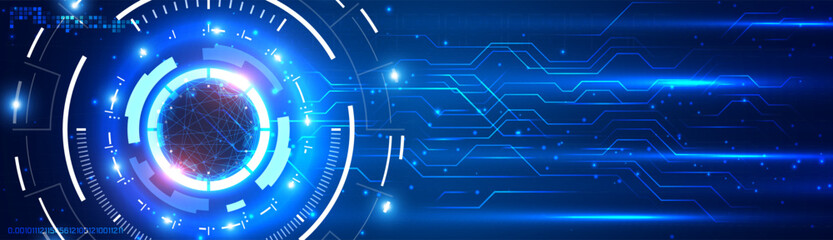 Poster - Abstract futuristic eyeball on circuit board, high computer technology. UI HUD screen tech system innovation concept background. Hi-tech Digital and security, data connection, digital business. Vector
