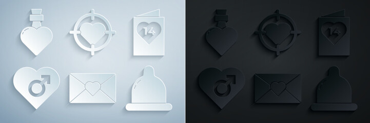 Poster - Set Envelope with Valentine heart, Valentines day flyer, Heart male gender, Condom, the center of darts target aim and Bottle love potion icon. Vector