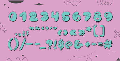 Wall Mural - Bubble font. Inflated shape numbers and punctuation set. Graffiti style. Y2K trendy style.