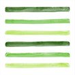 Green vector watercolor stripes big set, collection. Text background. Hand drawn watercolour rectangle shape streaks, uneven strokes, ribbons, bars, lines. Artistic aquarelle stains border template