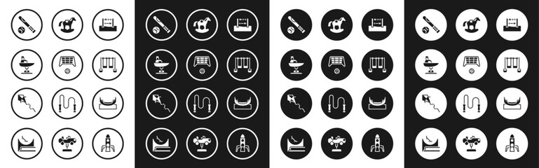 Poster - Set Abacus, Soccer goal with ball, Swing boat, Baseball bat, Double swing, Horse saddle, Boat and Kite icon. Vector