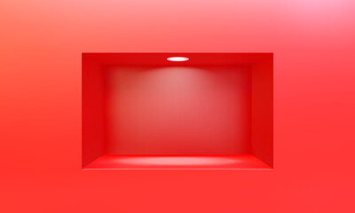 Empty niche or shelf on red wall with led light 3D mockup. Shop, gallery plastic or wooden showcase to present product. Blank retail storage space. Interior design furniture. Living room bookshelf