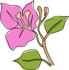 Wall Mural - One continuous line drawing of beauty fresh bougainville for home wall decor art poster. Printable decorative thorn bush flower for wedding invitation card. Single line draw design vector illustration