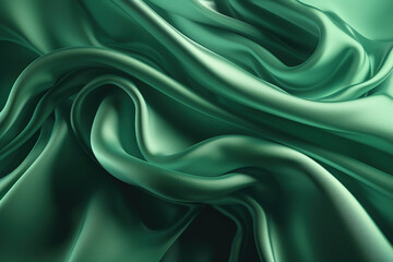 A swirl of silk, satin material in  green for a luxurious background. Generative AI.