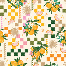 Beautiful Seamless Summer Vacation Seamless Pattern. Summer Fruit, Lemon , Oranges , Flower, Banana,beach And Ocean Vector Hand Drawn Style