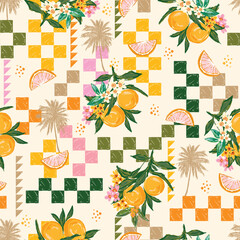 Wall Mural - Beautiful seamless Summer Vacation Seamless pattern. Summer fruit, Lemon , Oranges , flower, banana,beach and ocean vector hand drawn style