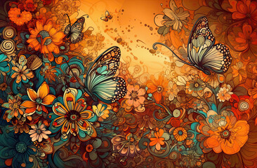 Canvas Print - butterflies and flowers. Generative AI image.