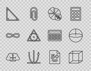 Sticker - Set line Graph, schedule, chart, diagram, Function mathematical symbol, Equation solution, Ringing bell, Calendar, Chalkboard, Calculator and icon. Vector