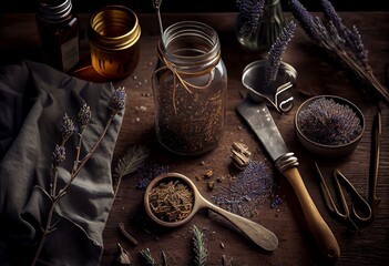 Wall Mural - Utensils to produce homemade lavender essential oil. Generative AI