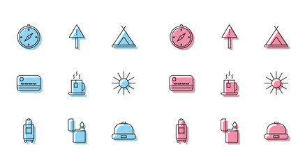 Wall Mural - Set line Suitcase, Lighter, Compass, Beanie hat, Cup of tea with tea bag, Sun, Credit card and Exclamation mark in triangle icon. Vector