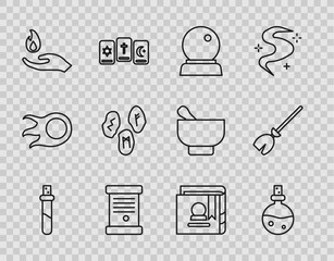 Set line Bottle with love potion, Magic ball, Decree, paper, parchment, scroll, Hand holding fire, runes, Ancient magic book and Witches broom icon. Vector