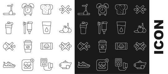 Wall Mural - Set line Teapot with cup, No junk food, Fruit, Bread toast, Toothbrush and toothpaste, Fitness shaker, Treadmill machine and Glass water icon. Vector