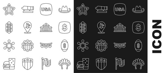 Sticker - Set line Indian headdress with feathers, American Football ball, Dollar symbol, USA Independence day, Eagle, Hotdog sandwich, and White House icon. Vector