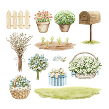 Watercolor Set With Vintage Cute Bouquet Pot Flowers, Greenery, Plants Grass Lawn, Fence And Mailbox Isolated On White Background. Watercolor Hand Drawn Illustration Sketch