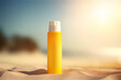 mock-up of sunscreen lotion and sunblock cream bottle against the sandy beach, skin care during a summer vacation. generative ai