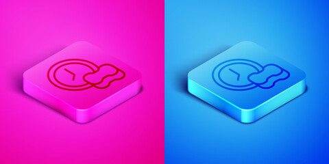 Poster - Isometric line Washing dishes icon isolated on pink and blue background. Cleaning dishes icon. Dishwasher sign. Clean tableware sign. Square button. Vector