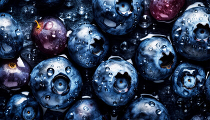 Sticker - Close up of clean Blueberries with water drop in dark black background. Fresh fruit and Vegetable concept. Nutrition and vitamin theme. Generative AI