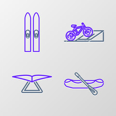 Sticker - Set line Rafting boat, Hang glider, Bicycle on street ramp and Ski and sticks icon. Vector