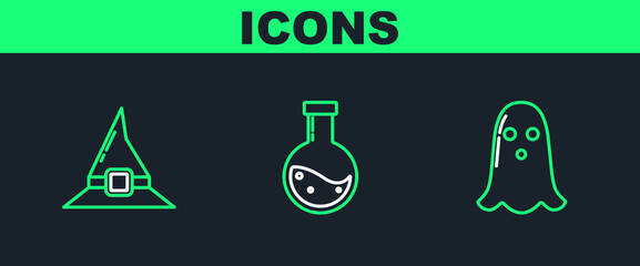 Poster - Set line Ghost, Witch hat and Bottle with potion icon. Vector