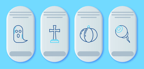 Poster - Set line Tombstone with cross, Pumpkin, Ghost and Eye icon. Vector