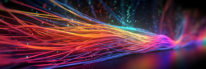 Coloured electric cables and led, optical fiber, intense colours, background for technology image and new business trends created with Generative AI technology