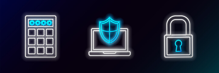 Poster - Set line Lock, Password protection and safety access and Laptop protected with shield icon. Glowing neon. Vector