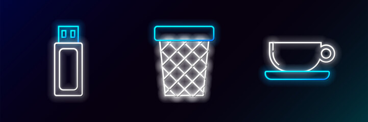 Sticker - Set line Coffee cup flat, USB flash drive and Trash can icon. Glowing neon. Vector