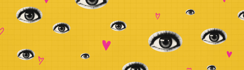 Wall Mural - vector collage illustration. pattern with eyes and doodles of hearts. bright modern banner. checkere