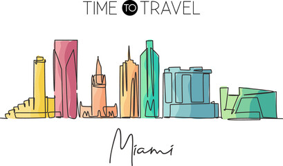 Poster - One continuous line drawing Miami city skyline, United States. Beautiful landmark. World landscape tourism travel vacation poster. Editable stylish stroke single line draw design vector illustration