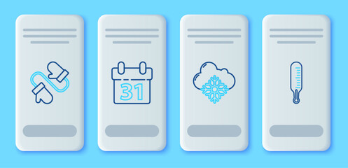 Sticker - Set line Calendar, Cloud with snow, Pair of knitted christmas mittens and Meteorology thermometer measuring icon. Vector