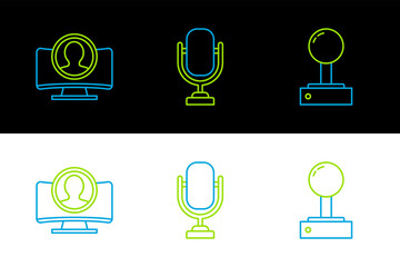 Poster - Set line Joystick for arcade machine, Create account screen and Microphone icon. Vector