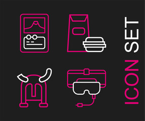 Poster - Set line Virtual reality glasses, Viking in horned helmet, Burger and Card game icon. Vector