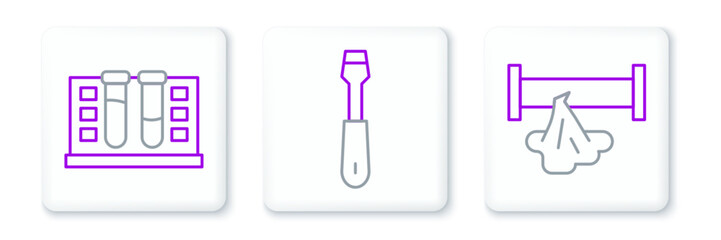 Sticker - Set line Broken pipe, Test tube with water drop and Screwdriver icon. Vector