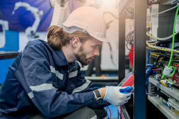 Aufkleber - Electricity and electrical maintenance service,Electrical engineers test electrical installations and wiring on protective relays, measuring them with a multimeter.